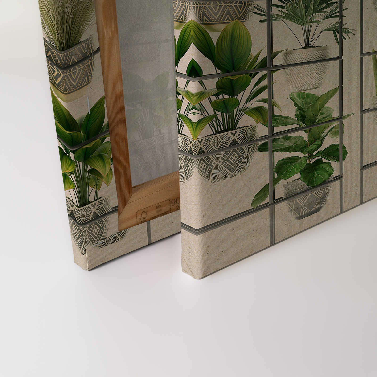             Plantenwinkel 2 - Canvas schilderij moderne plantenwand in groen & grijs - 0,90 m x 0,60 m
        