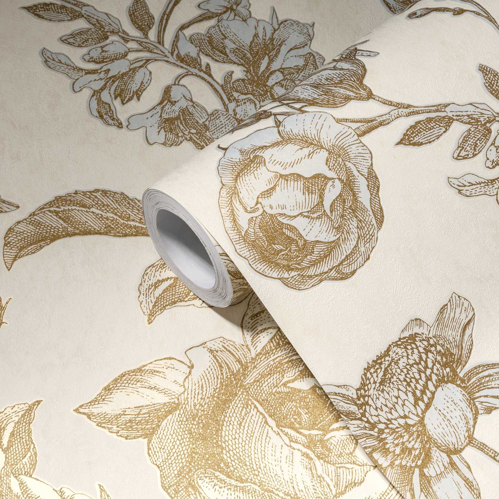             Vintage wallpaper with roses pattern in graphic style - metallic, cream
        