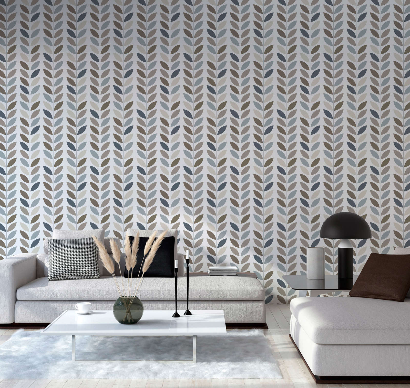             Retro style non-woven wallpaper with leaf pattern - cream, blue, brown
        