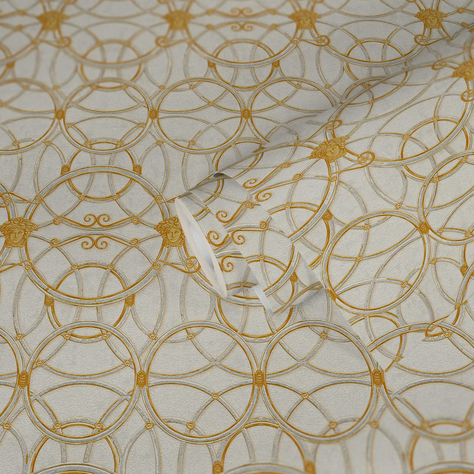            VERSACE Home wallpaper circle pattern and Medusa - gold, cream, white
        