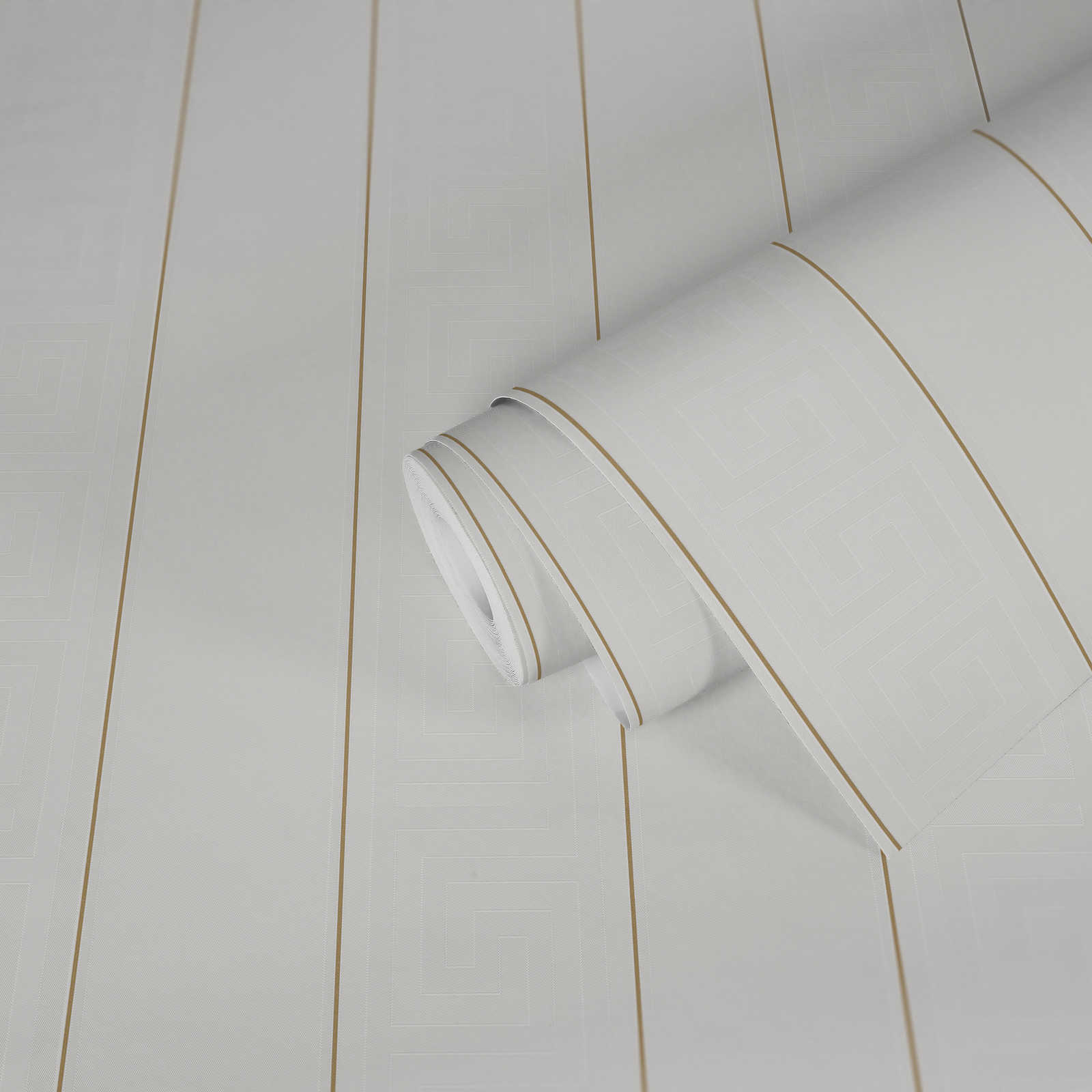             VERSACE wallpaper striped with meander pattern - white, gold
        