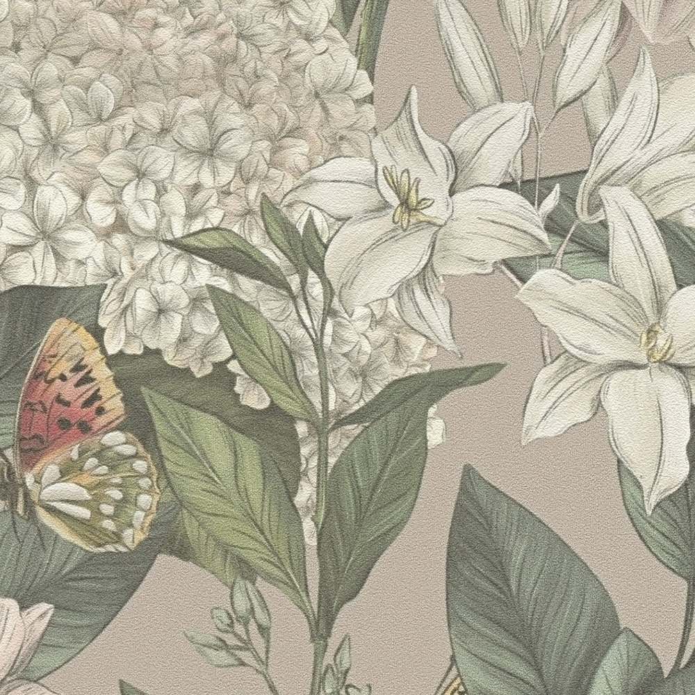             Floral wallpaper modern with animals & flowers textured matt - pink, green, white
        