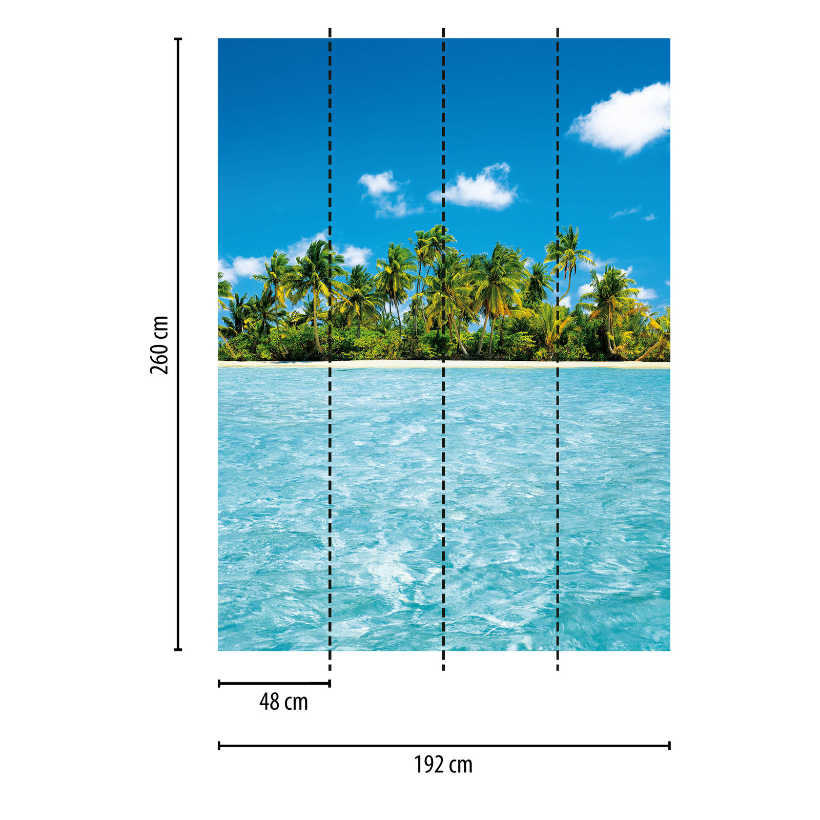             Papel pintado de las Maldivas, con palmeras y mar, en formato vertical
        