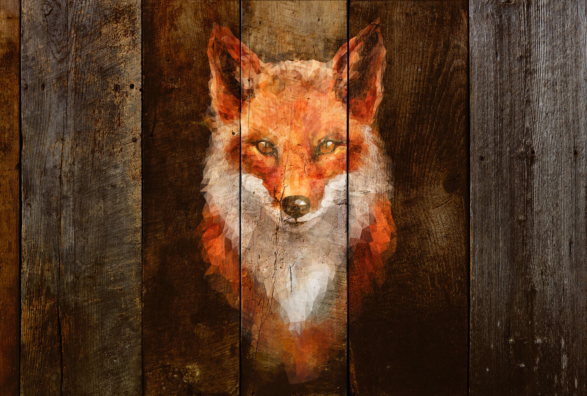             Photo wallpaper fox & wood look with polygon design - orange, brown, white
        
