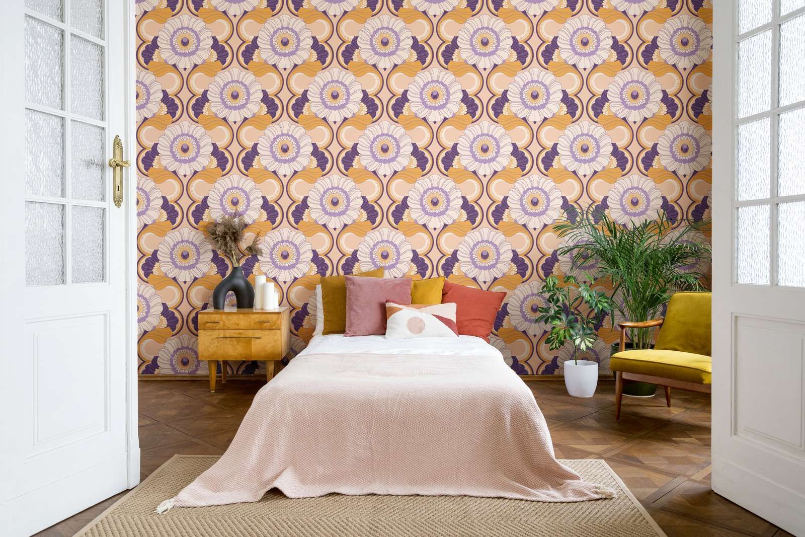             papier peint en papier rétro avec motif floral - beige, jaune, violet
        