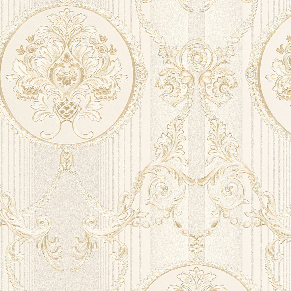             Neo barok behang met ornament & streep patroon - crème
        