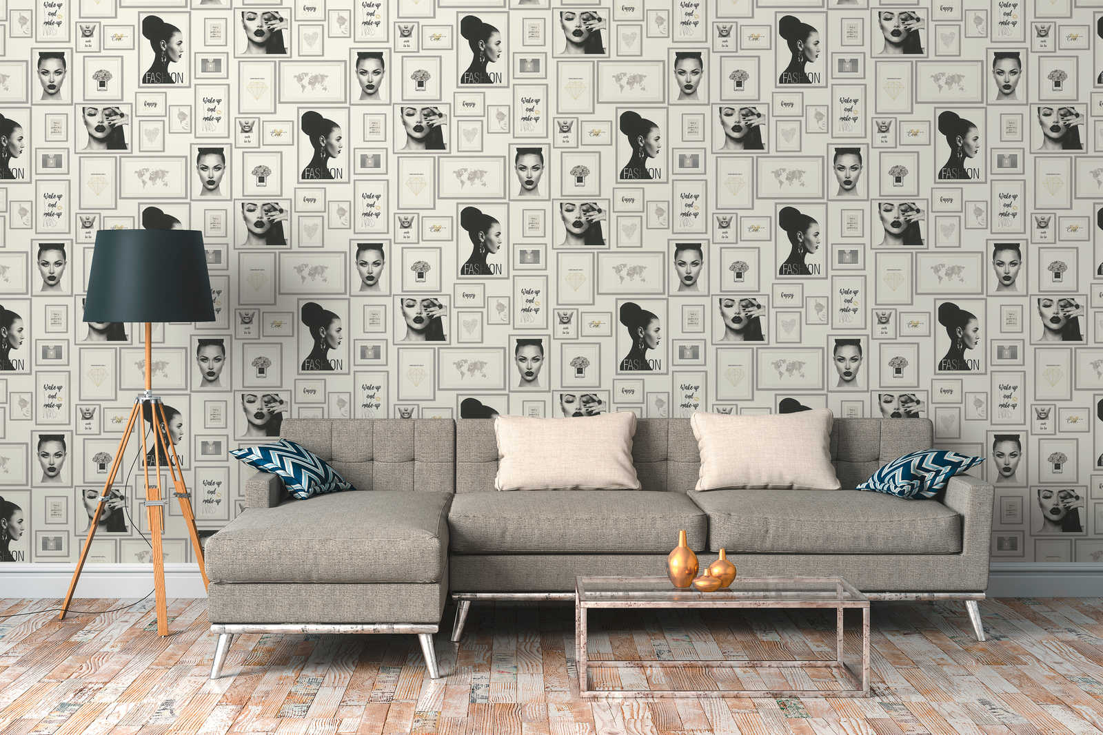             Papier peint Fashion Design avec décorations murales - argent, noir, blanc
        