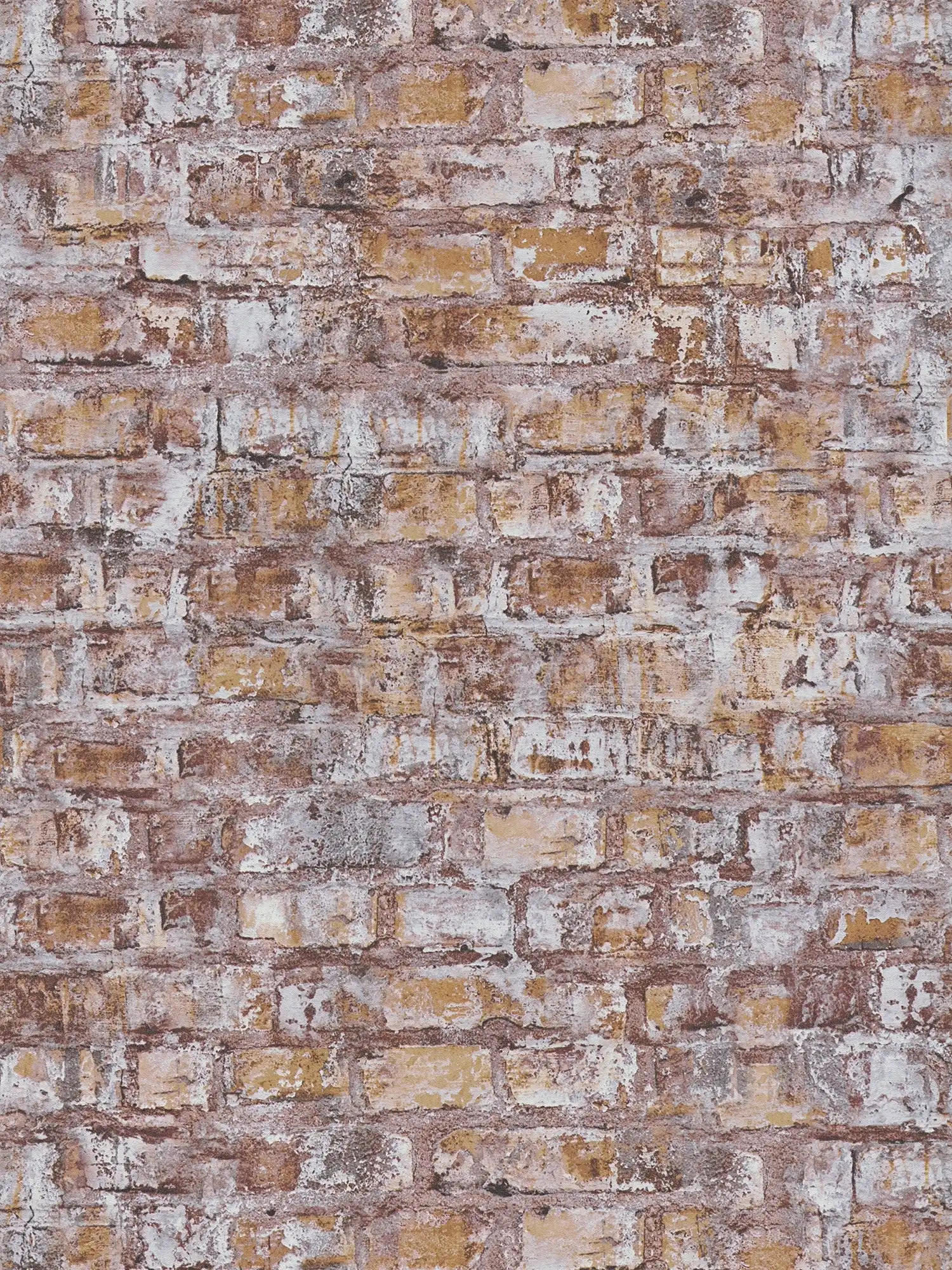 Vliesbehang in baksteenlook met muurmotief - grijs, bruin, wit, roest
