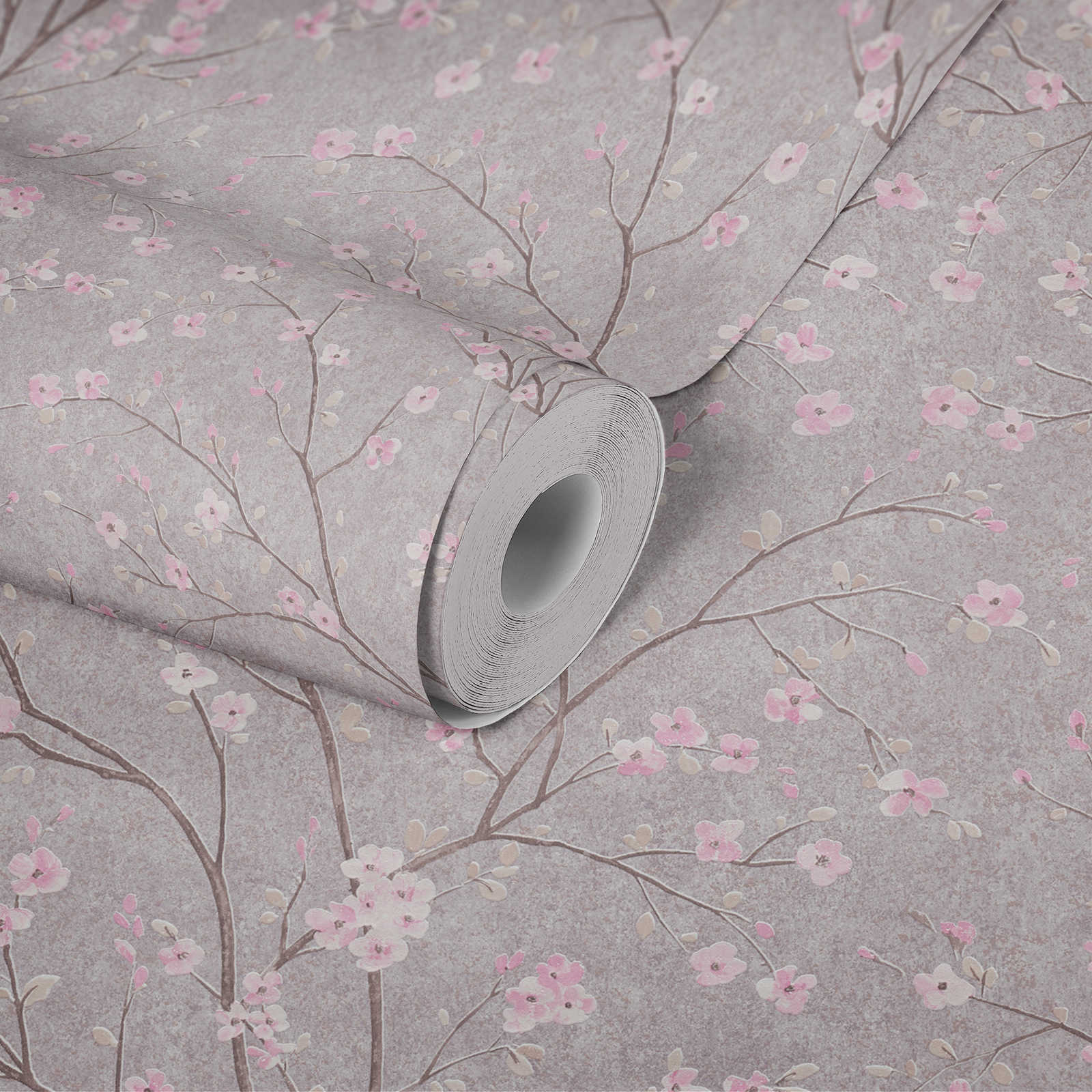             Behang in Aziatische stijl met kersenbloesemmotief - grijs, roze
        