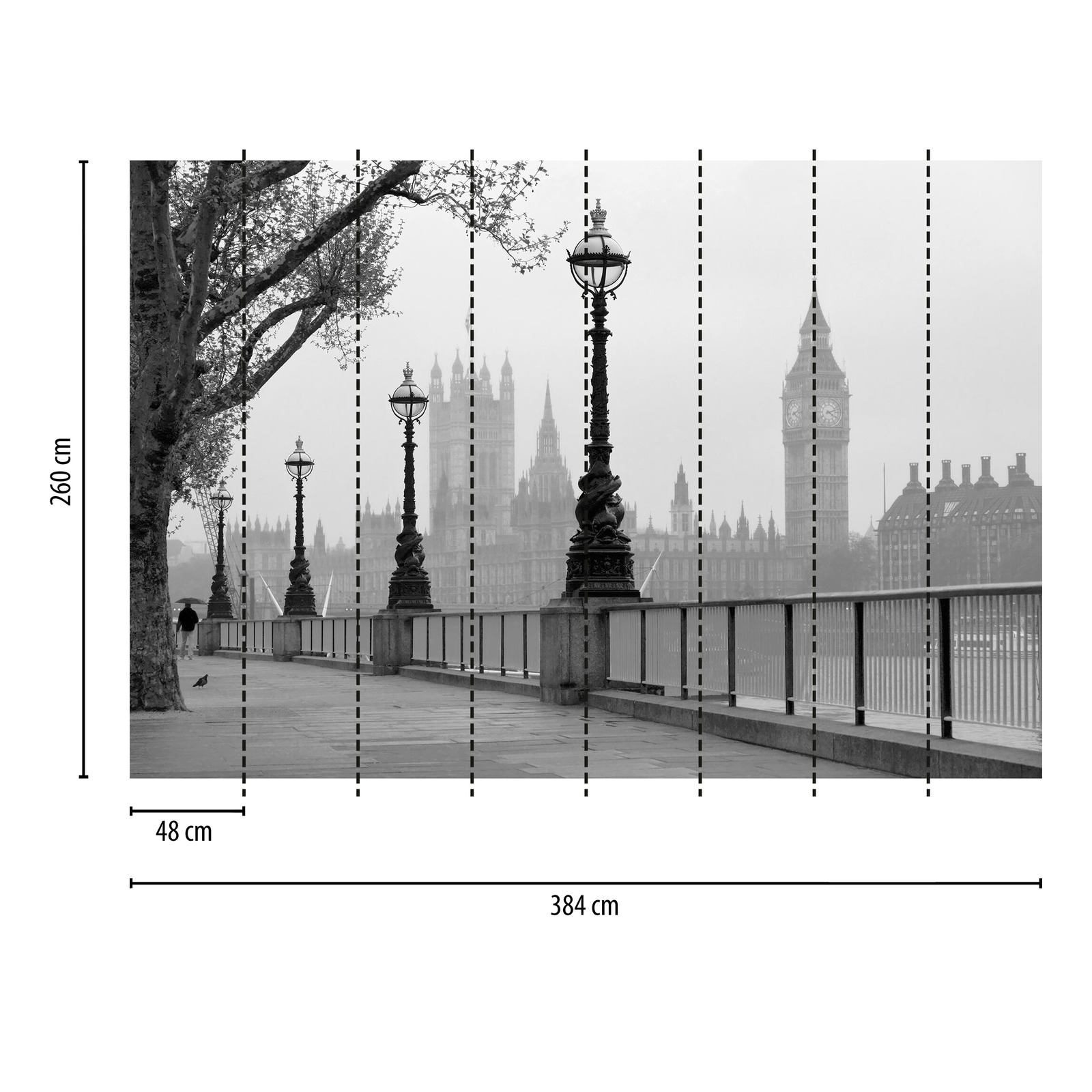             Papier peint Londres dans le brouillard - noir, blanc, gris
        