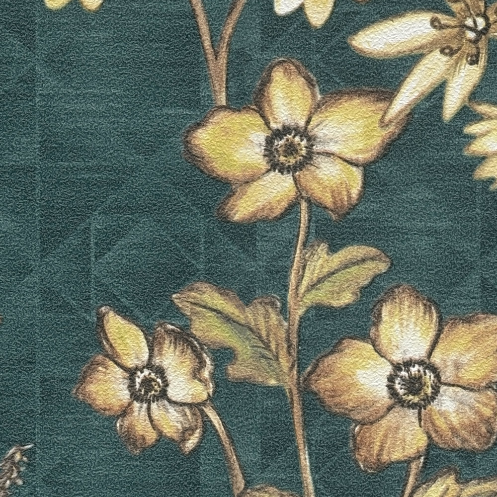             Bloemrijkvliesbehang met bloemenpatroon op grafische achtergrond - petrol, oranje, geel
        