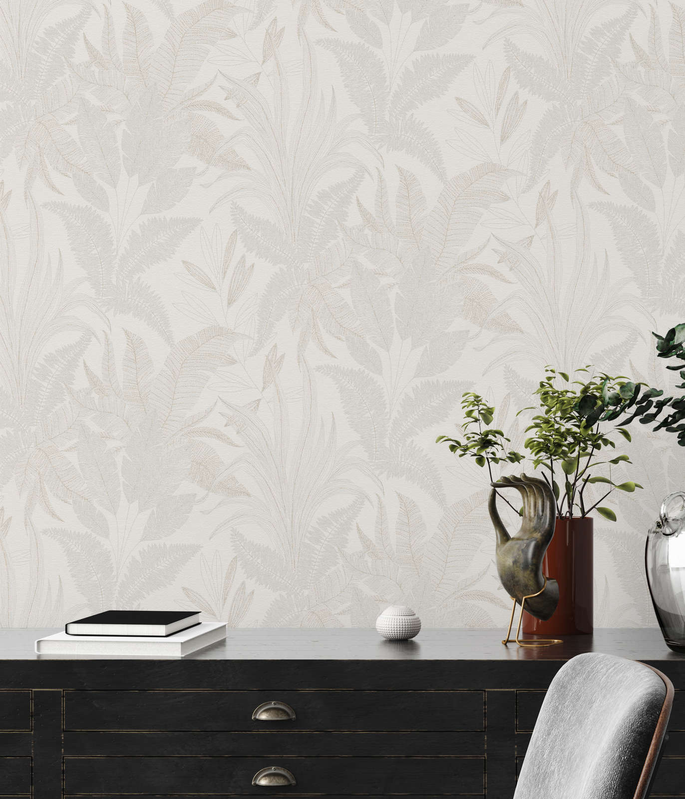             Papel pintado tejido-no tejido floral con motivo de hojas en colores suaves - crema, beige
        