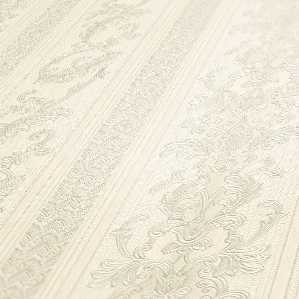            Wallpaper opulent stripe design with ornaments - cream, grey
        