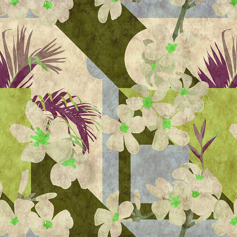 Vintage bloom - Graphic wallpaper floral vintage decor- blotting paper structure - Beige, Blue | Matt smooth fleece
