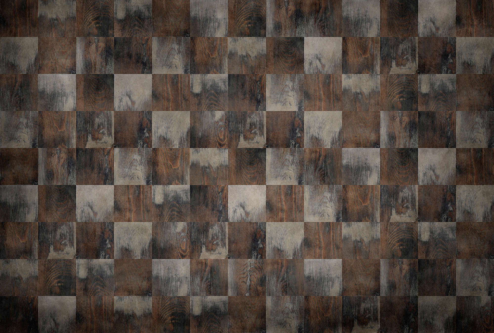             Factory 2 - Papier peint panoramique imitation bois motif échiquier, look usé
        
