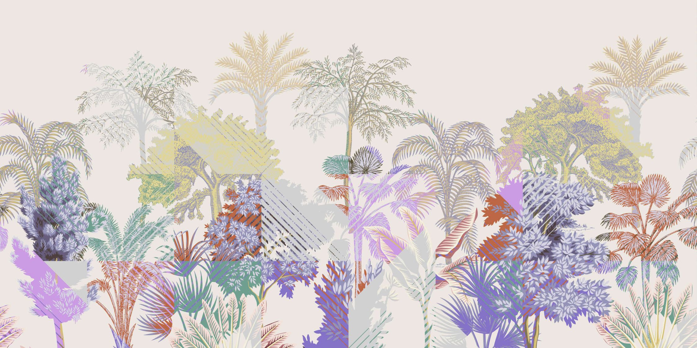             Photo wallpaper »esplanade 2« - jungle patchwork with bushes - colourful | Smooth, slightly shiny premium non-woven fabric
        