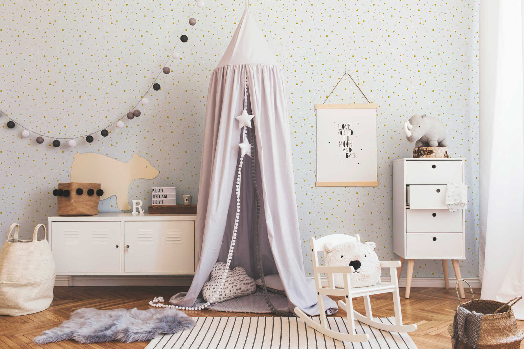             Papel pintado de puntos y efecto metálico para habitación infantil - blanco
        