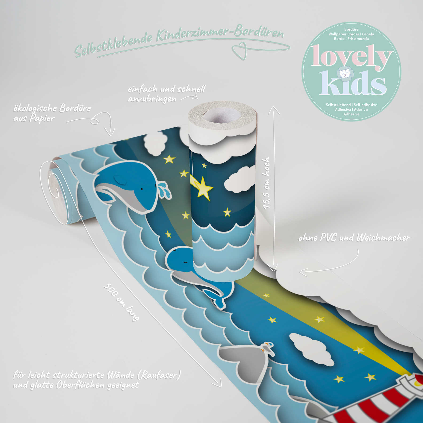             Self-adhesive border "Water theater" lighthouse - blue, red, yellow
        