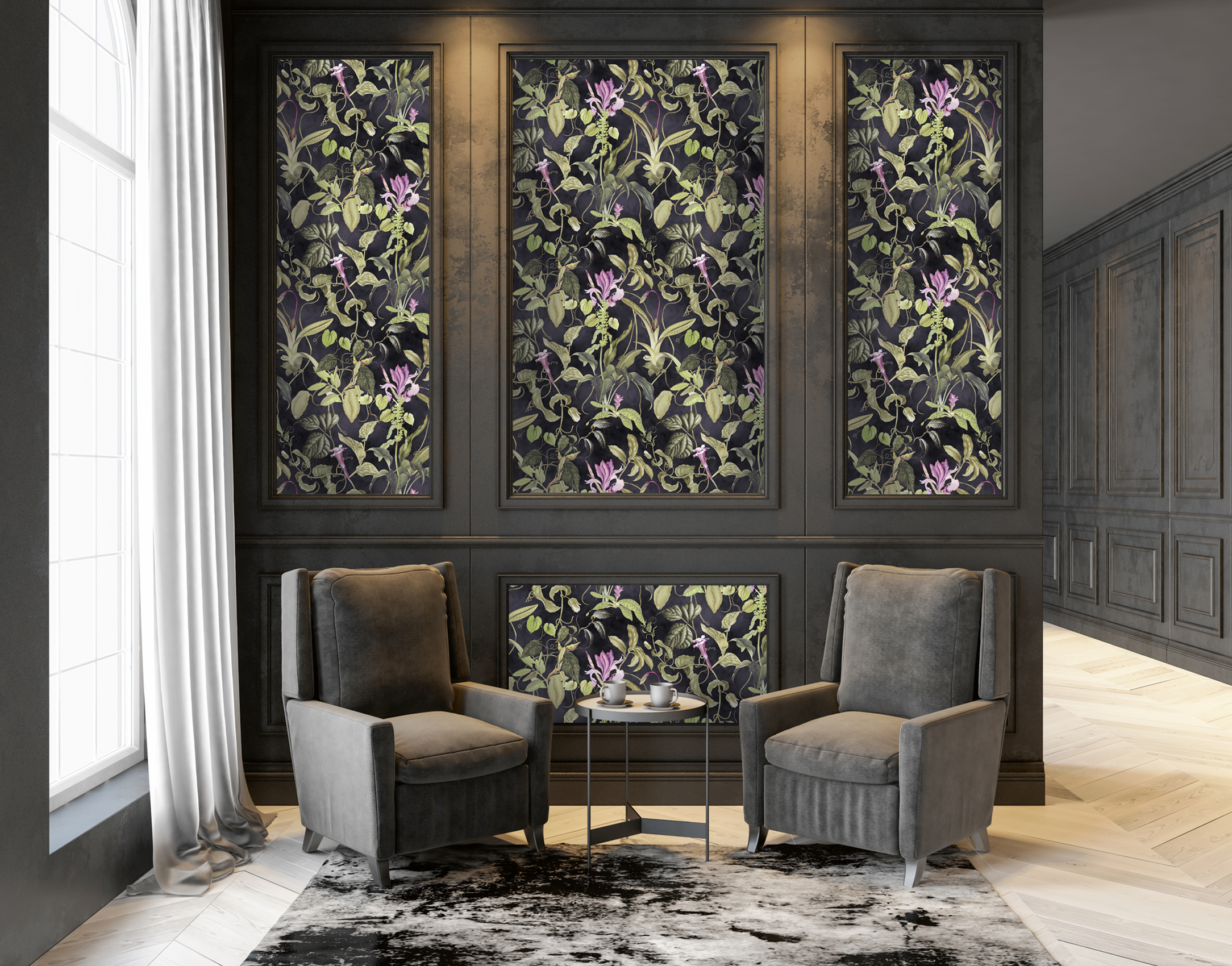 Elegant living room with wallpapered wall panels, Michalsky wallpaper floral with black background, AS379884