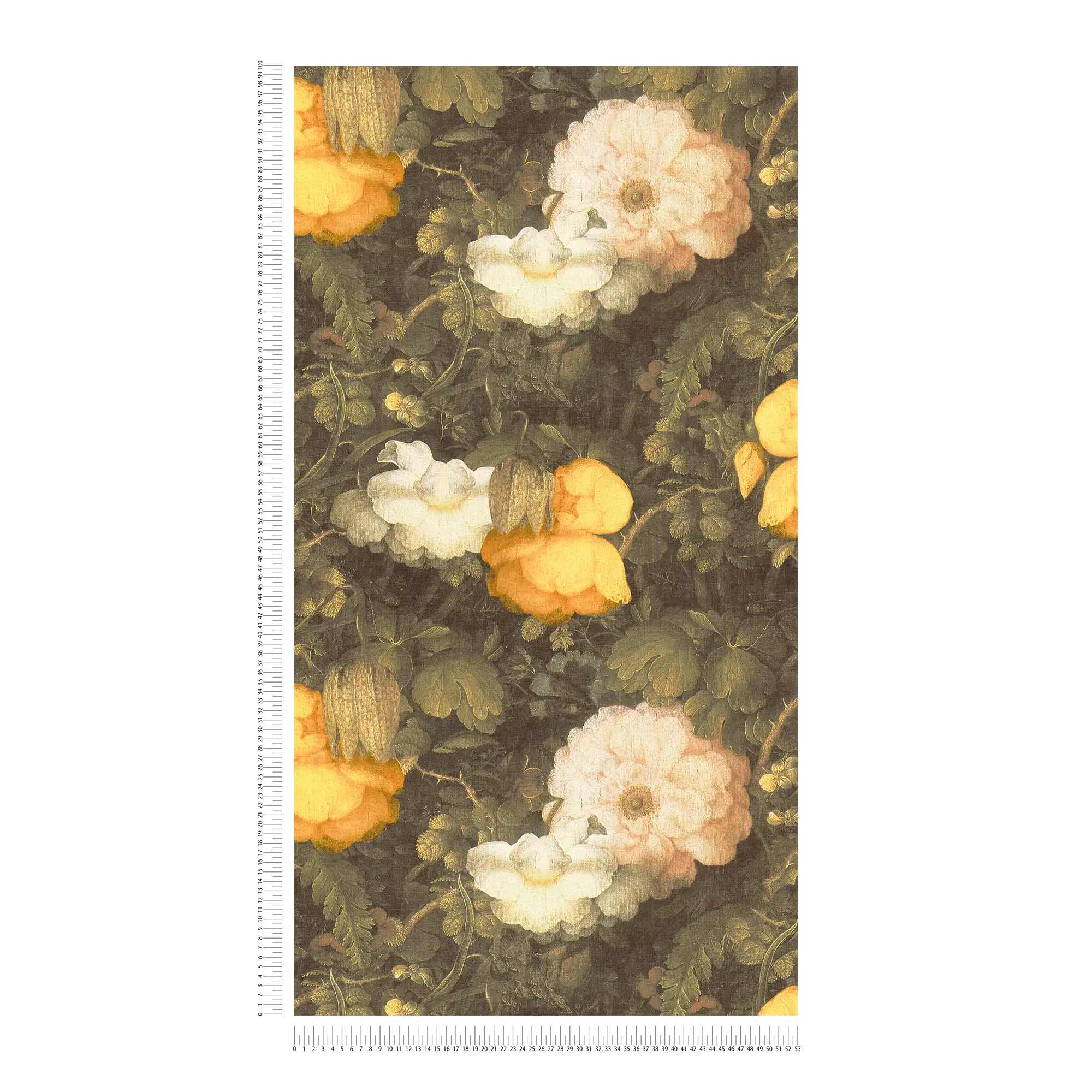             Painting style floral wallpaper, canvas look - green, yellow, cream
        