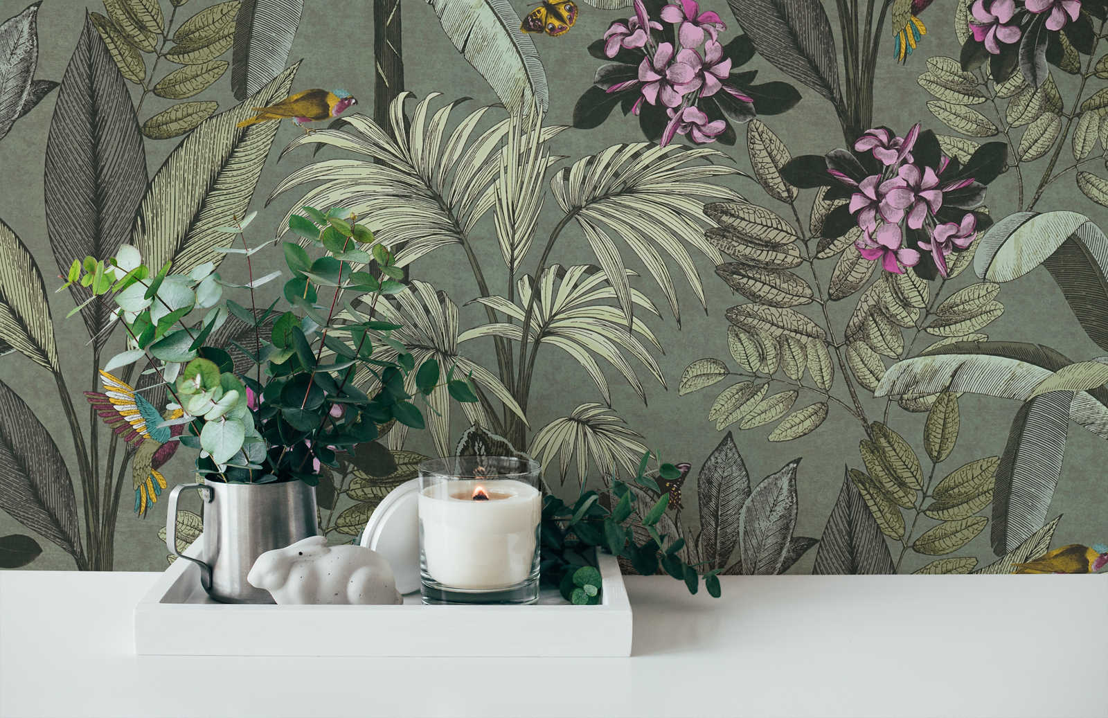             Jungle wallpaper leaves, flowers and birds - grey, green
        