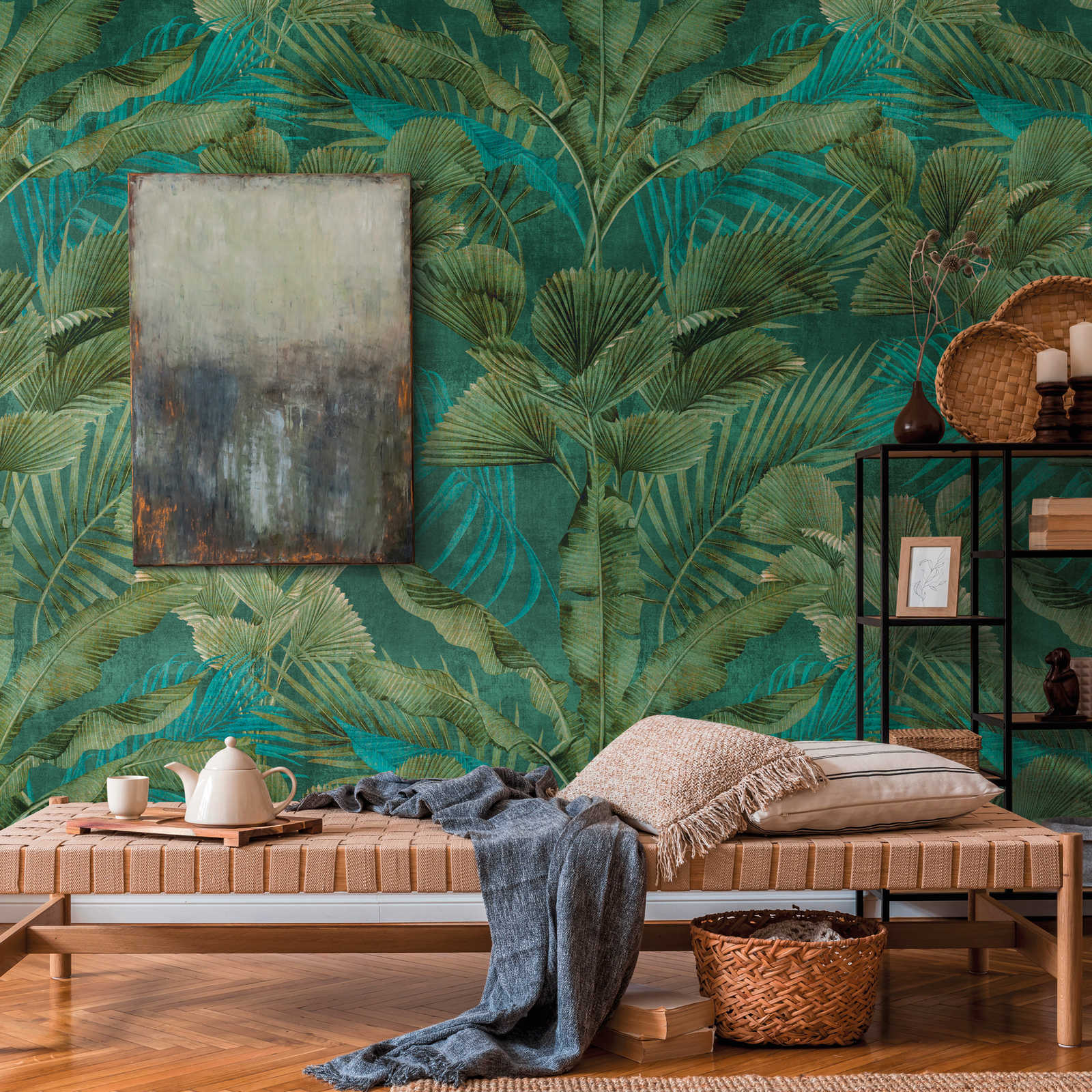         Non-woven wallpaper with various jungle leaves - green, blue
    