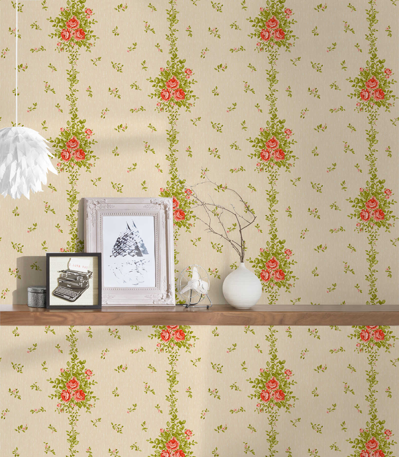             Floral wallpaper roses pattern & stripes effect - beige
        