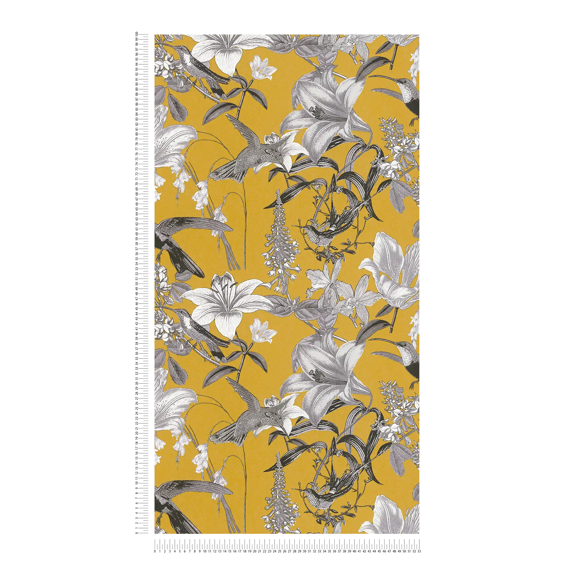             Carta da parati floreale giallo senape con fiori e motivi di colibrì - giallo, grigio, nero
        