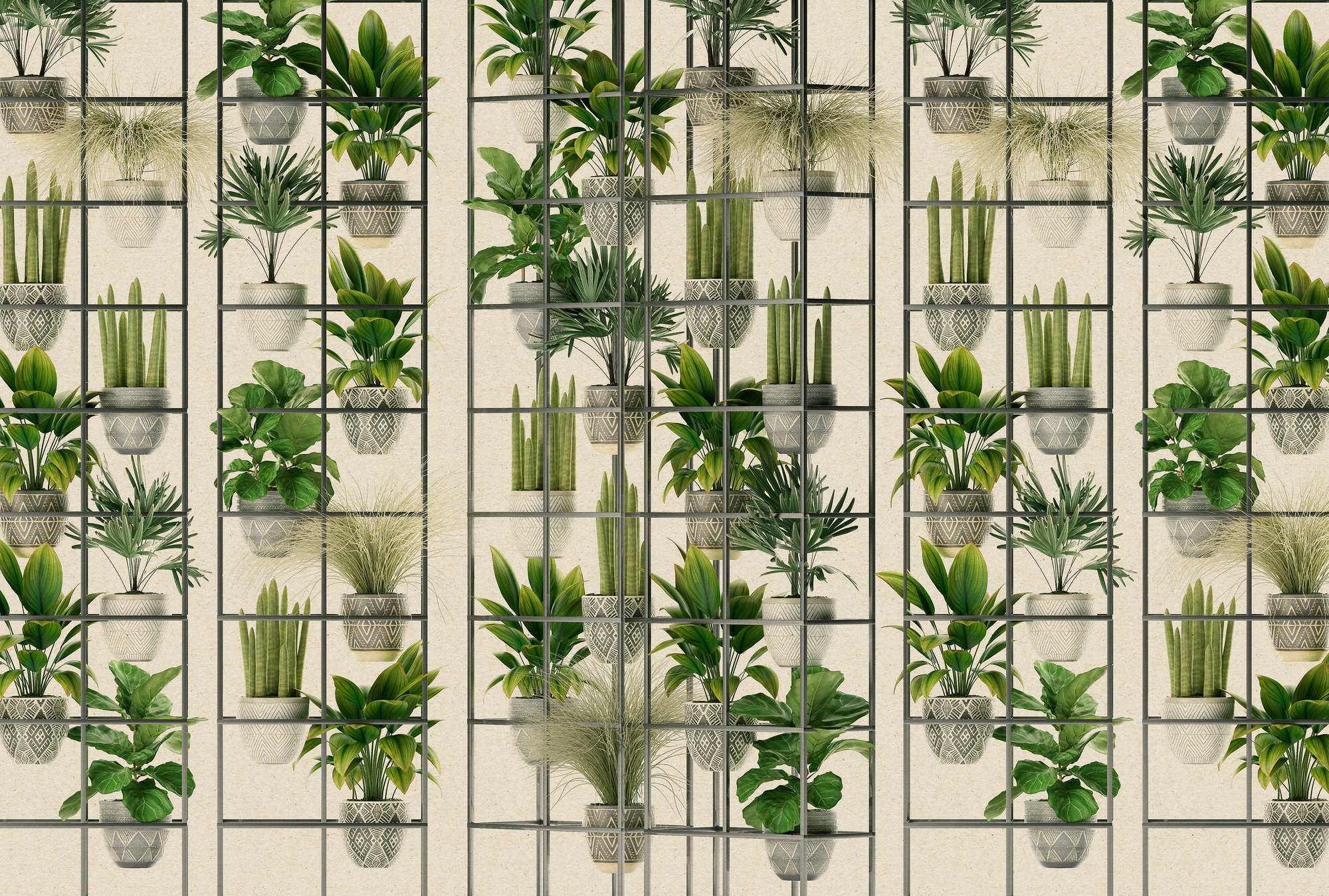             Plant Shop 2 - Muurschildering moderne plantenmuur in groen & grijs
        