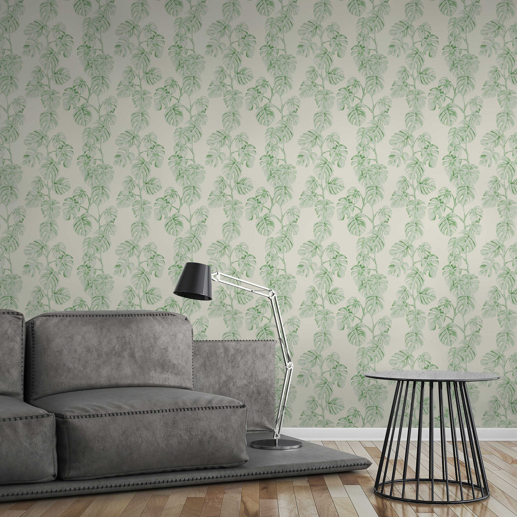             Non-woven wallpaper monstera vines, natural pattern - green, white
        