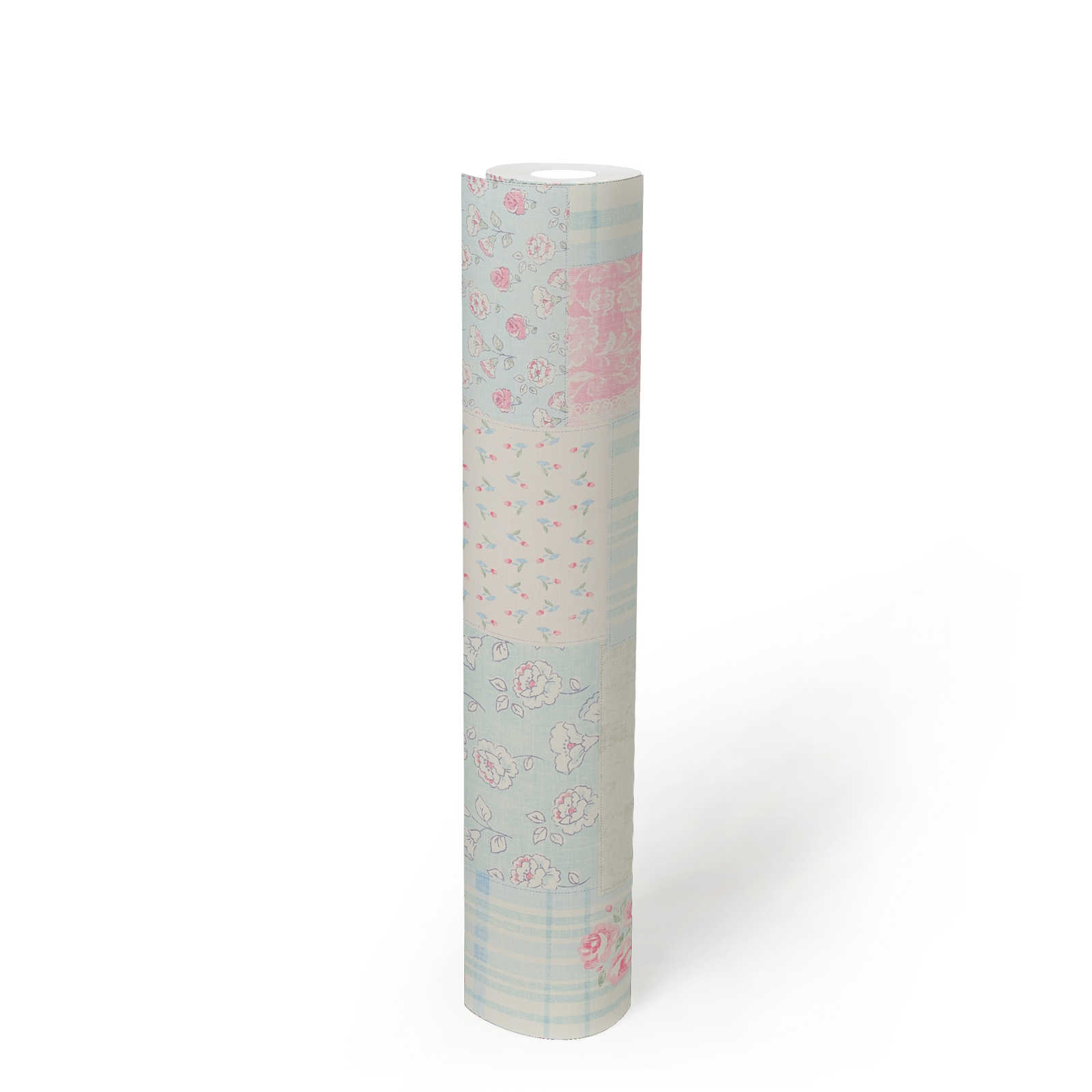             Country style non-woven wallpaper floral - blue, pink, white
        