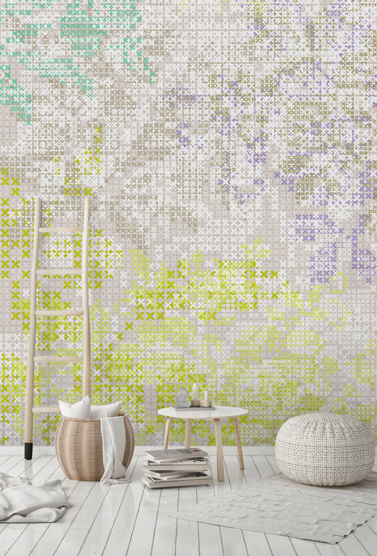             Flowers mural with pixel pattern - colourful, grey
        