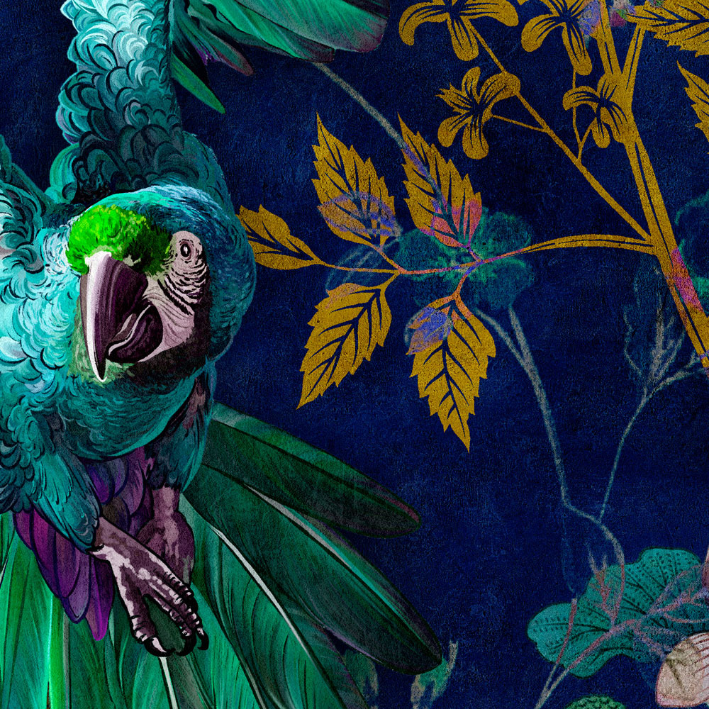             Tropical Hero 1 - muurschildering bloemen & papegaai intensieve kleuren
        