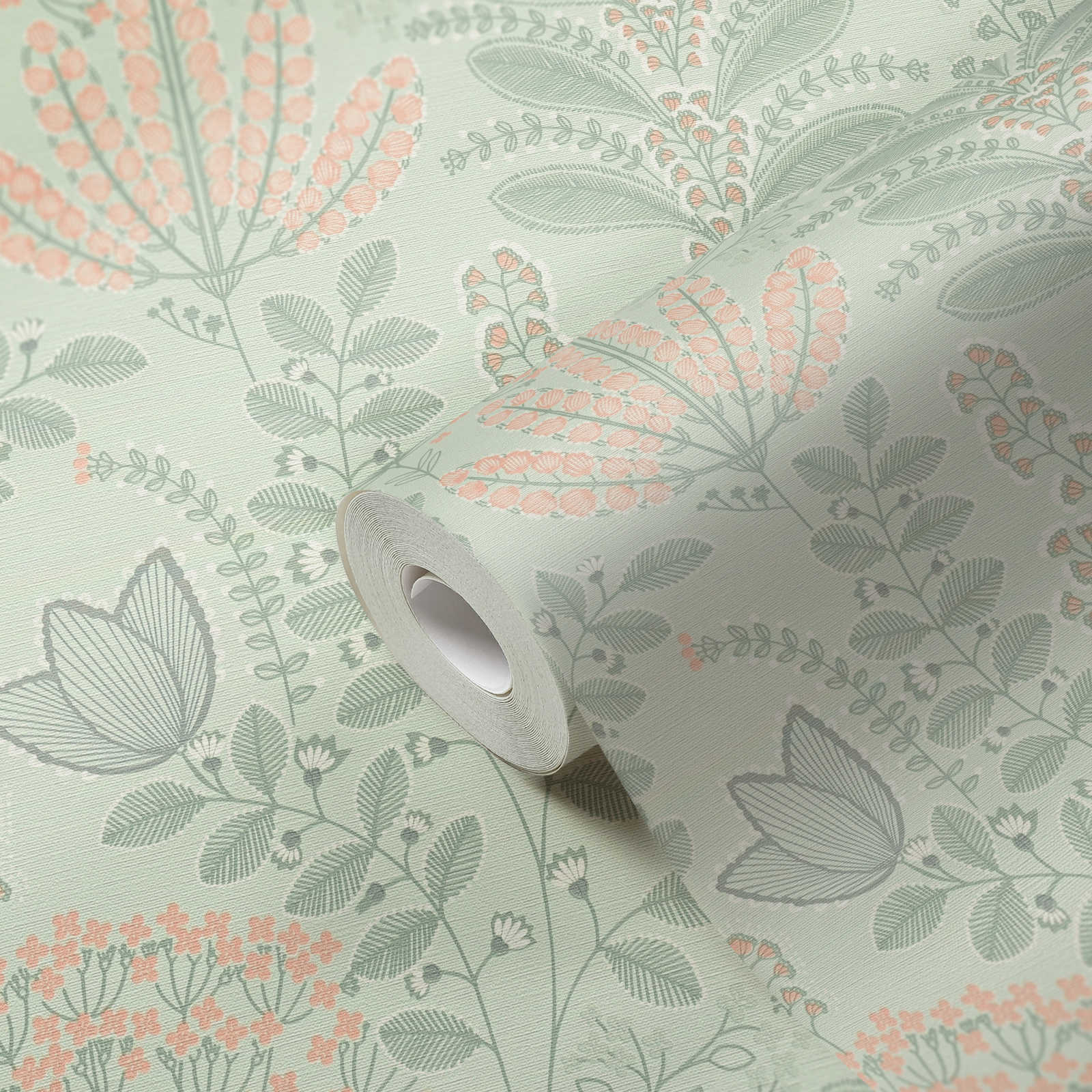            wallpaper floral with leaves in retro look light textured, matt - green, grey, pink
        