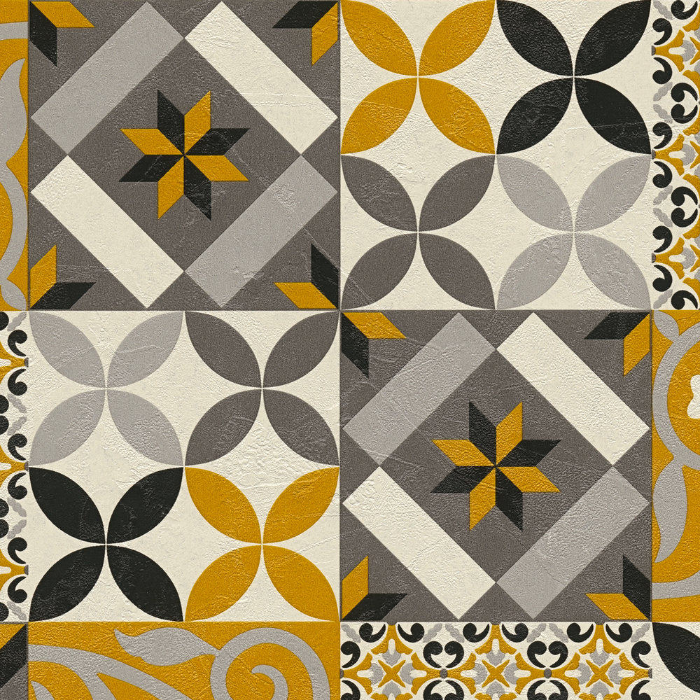             Wallpaper Decor tiles & floral pattern - black, yellow, anthracite
        