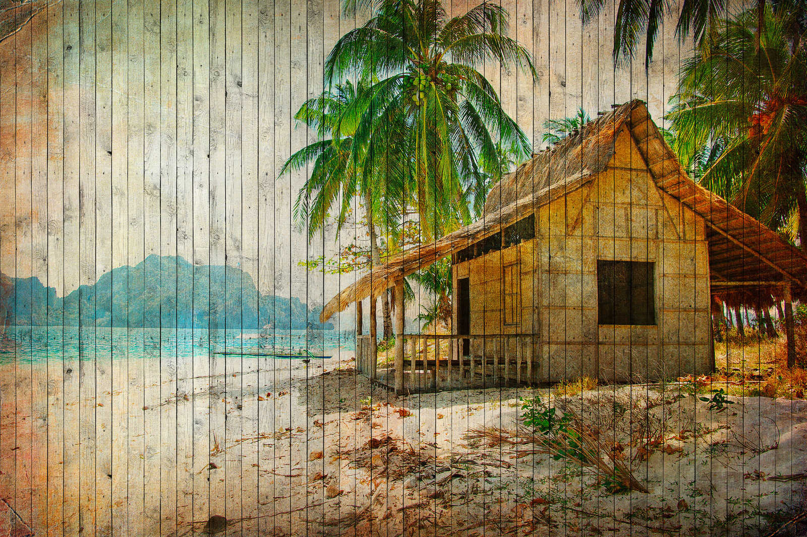            Tahiti 1 - South Seas beach canvas picture with board optics in wood panel - 0.90 m x 0.60 m
        