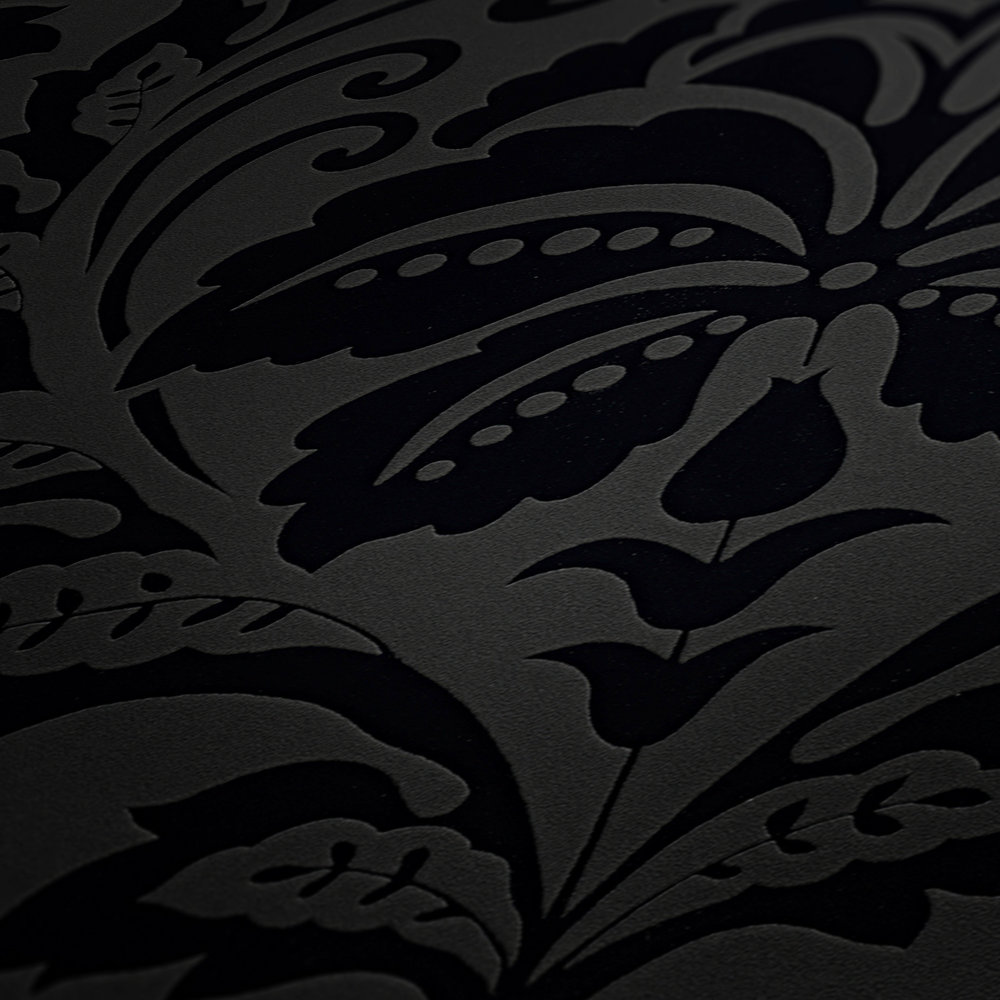             Papel pintado ornamental con diseño floral, contraste mate/brillo - negro
        