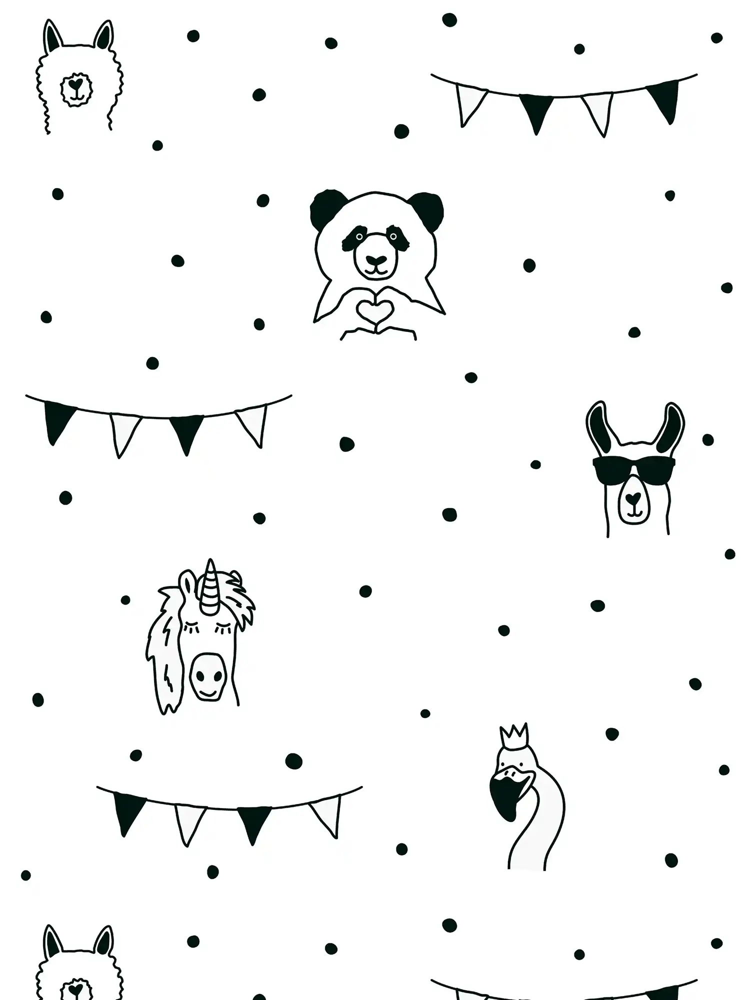Papier peint noir et blanc pour enfants avec motifs animaux et à pois
