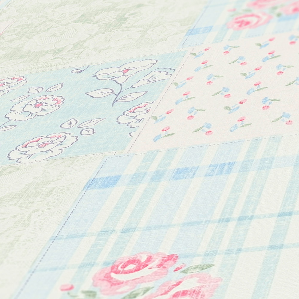             Carta da parati in tessuto non tessuto in stile country - blu, rosa, bianco
        