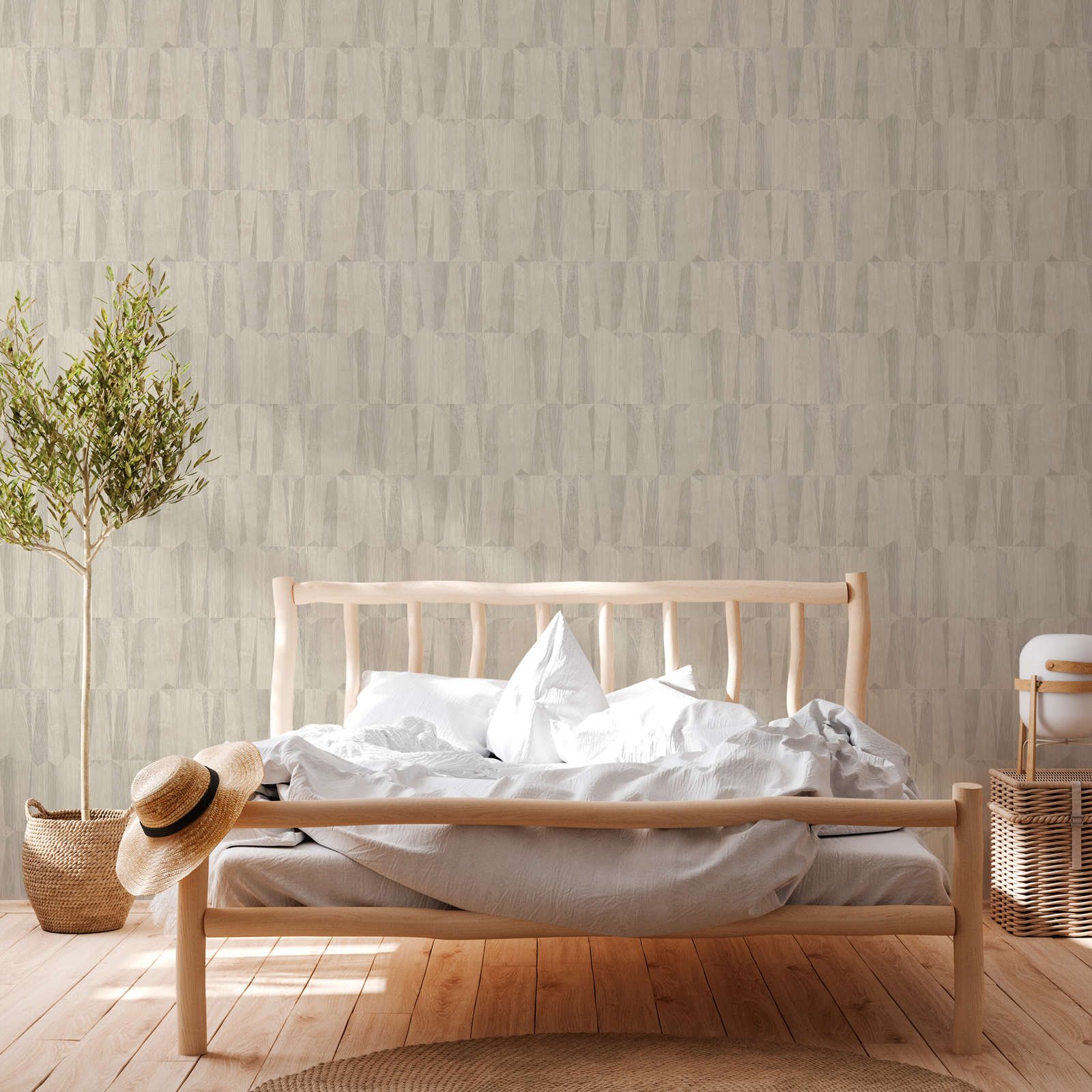             Wallpaper wood look facets in retro look - cream, grey
        