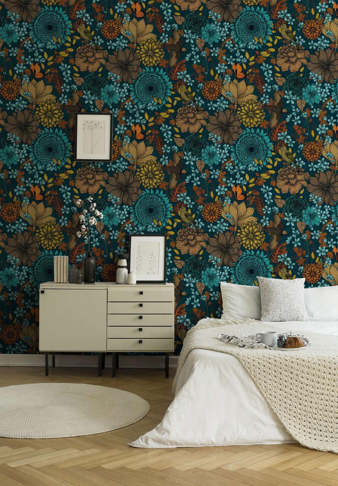             Colourful non-woven wallpaper with large floral pattern with flowers & leaves - blue, beige, brown
        