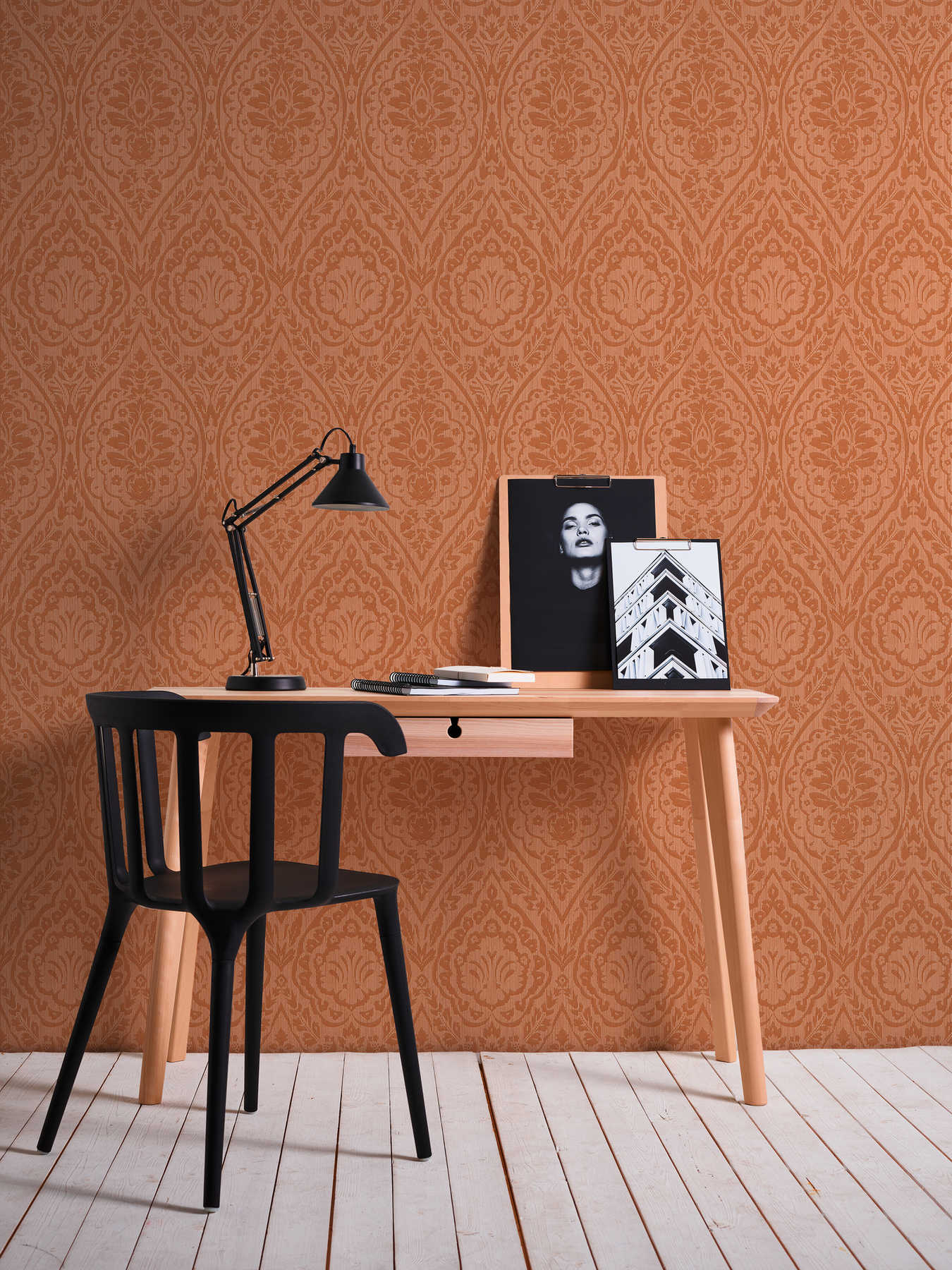             Wallpaper floral ornamental pattern with dimensional texture effect - orange
        
