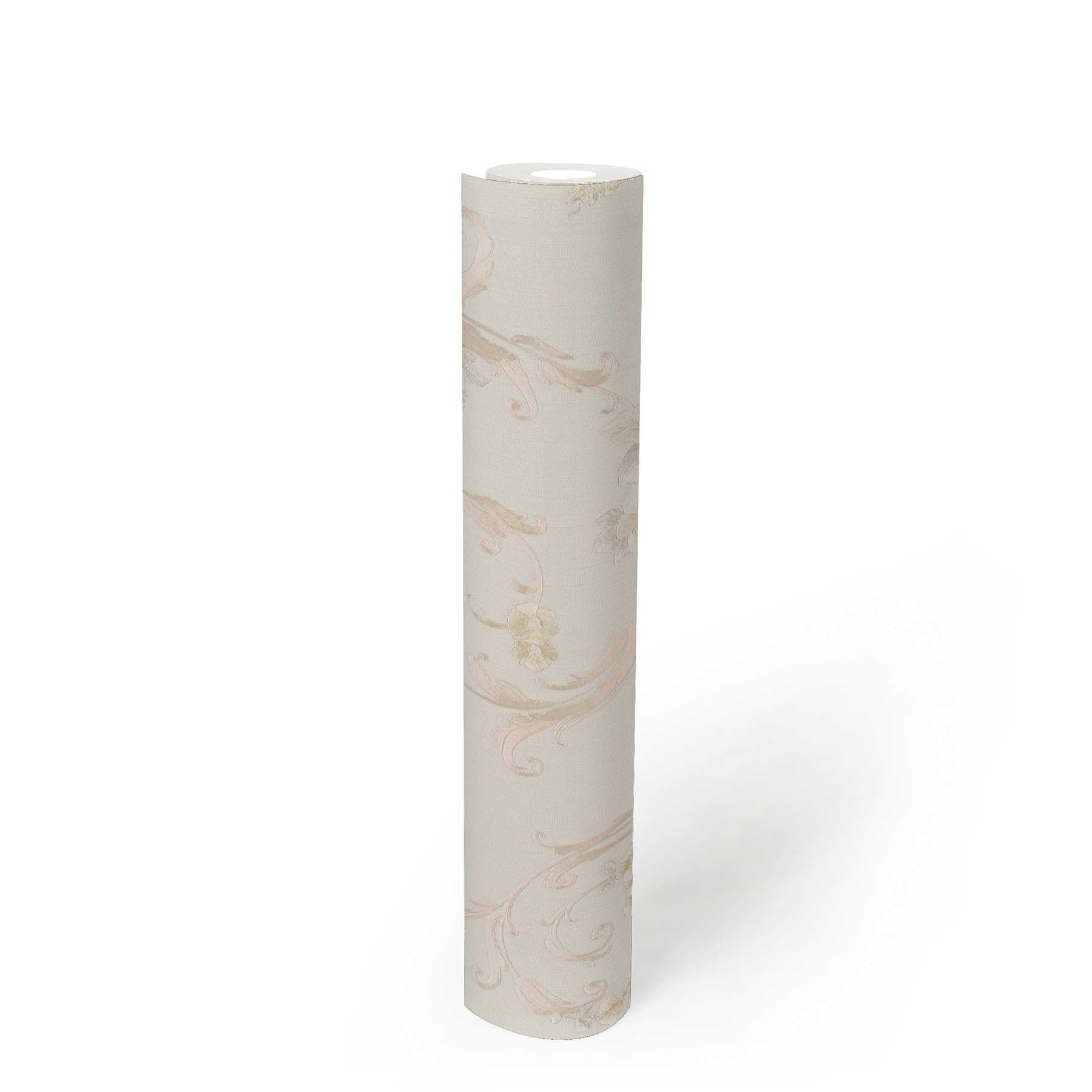             Rozenblaadjesbehang met metallic effect in landelijke stijl - crème, grijs, roze
        