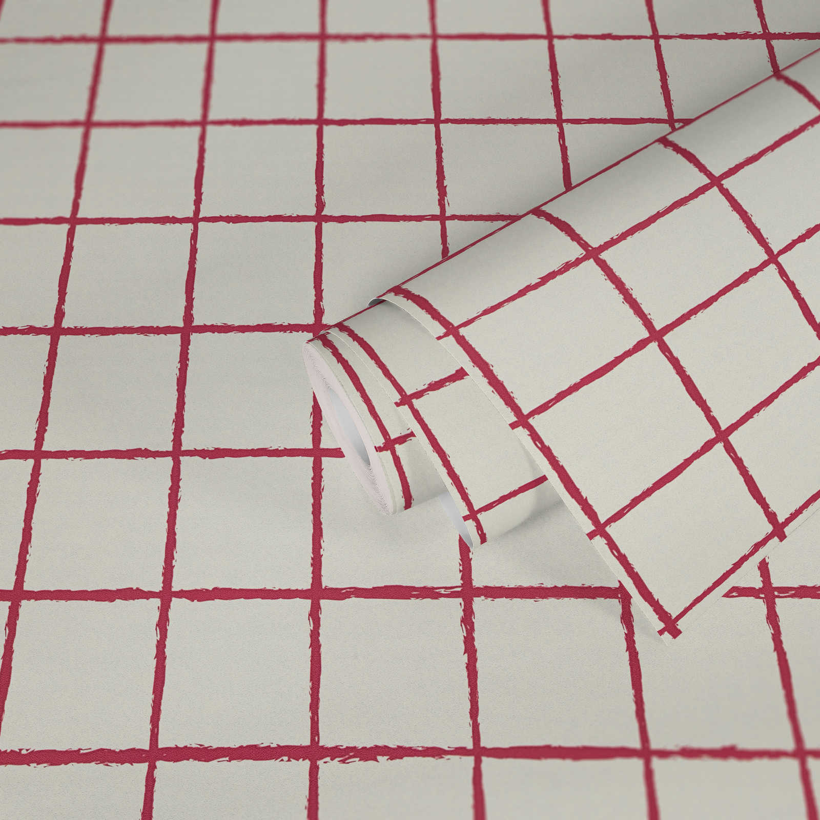             Checkered non-woven wallpaper with mesh motif - red, white
        