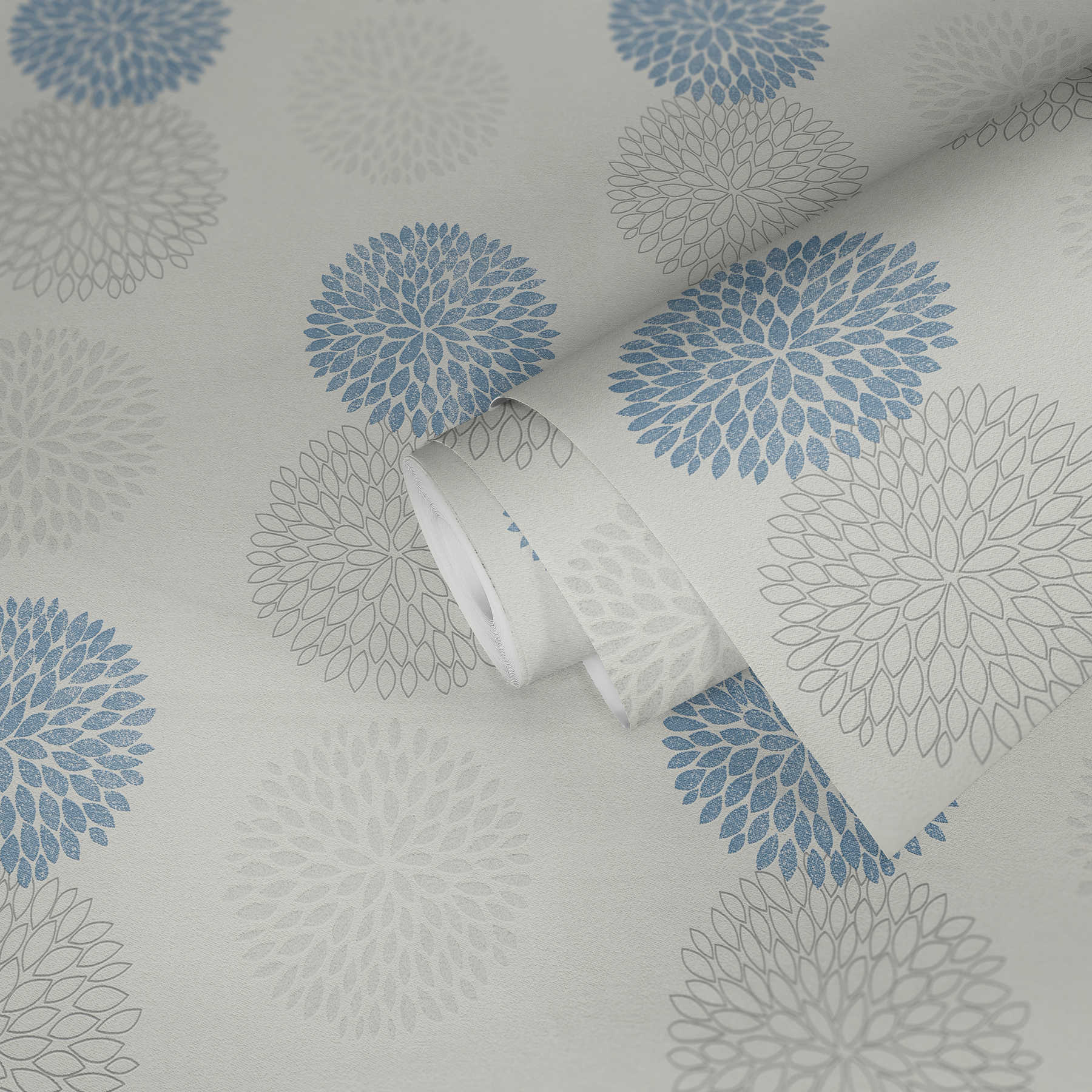             Behang met grafisch bloemenpatroon - blauw, grijs, wit
        