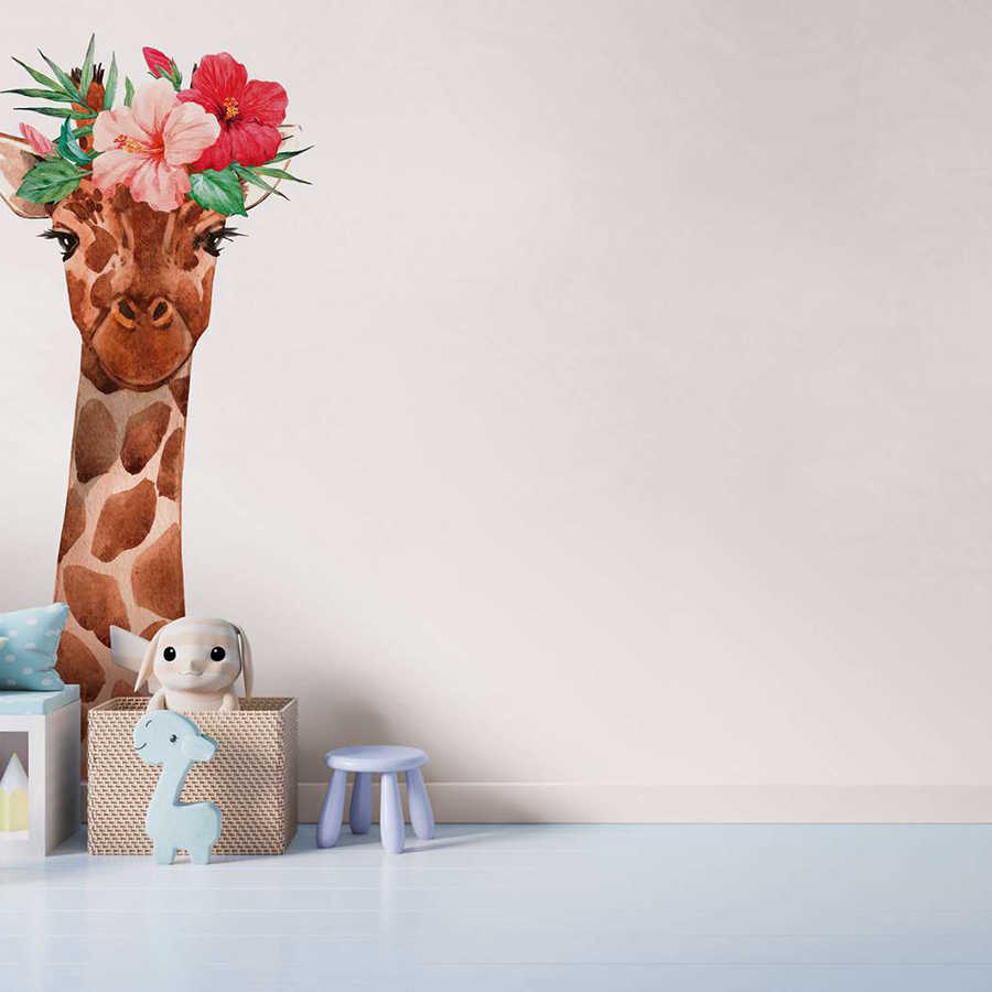 Kinderkamerbehang met giraffe en bloemen hoofdtooi - Wit, kleurrijk
