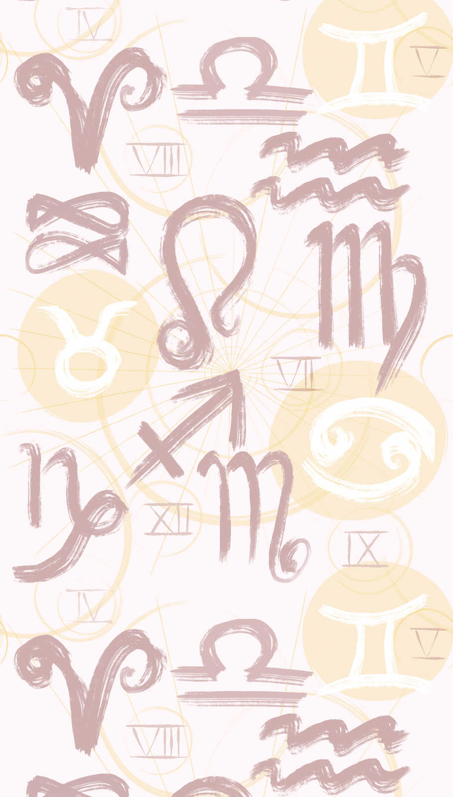             Papier peint avec symboles du zodiaque et chiffres romains - crème, jaune, rose
        
