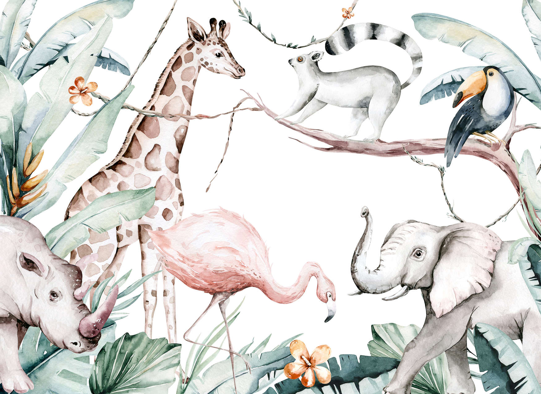             Papel pintado infantil de animales de la selva - Colorido, verde, blanco
        