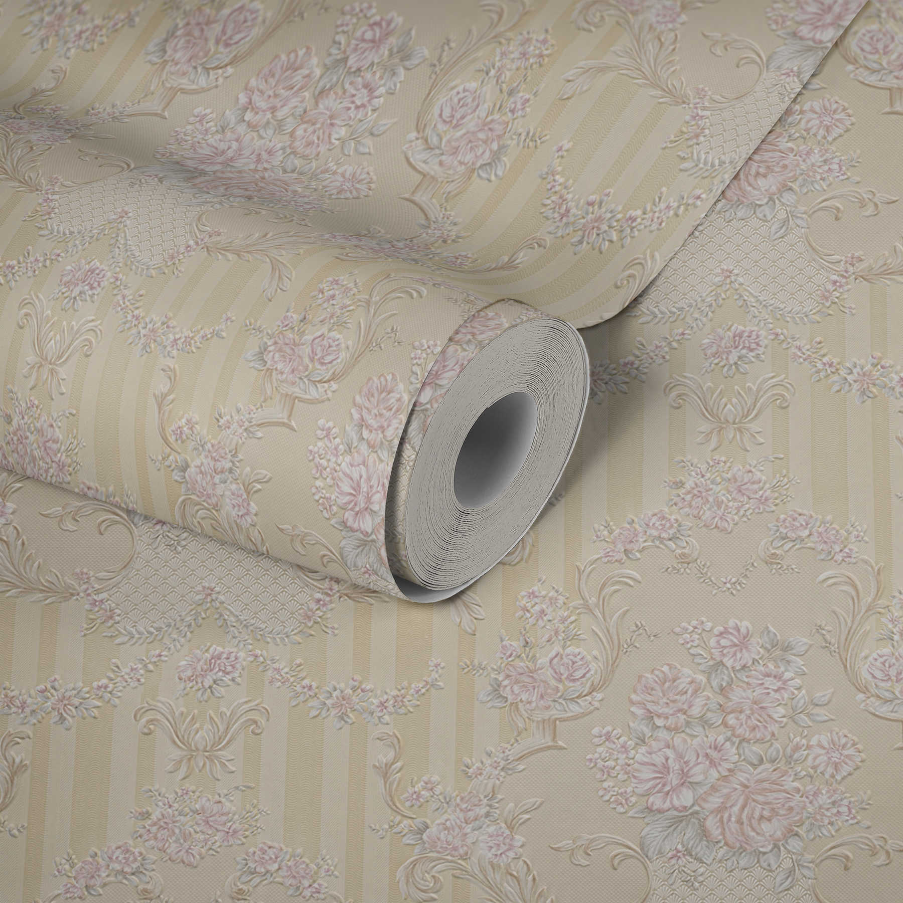             Neo baroque wallpaper with roses ornaments & stripes - beige, metallic
        
