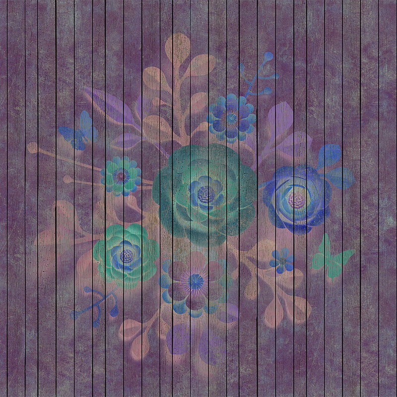 Sproeiboeket 1 - Digital behang met bloemen op bordwand - Houten panelen breed - Blauw, Groen | Parelmoervlies
